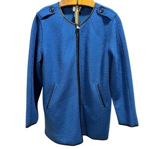 CHICO’S ~ Blue Wool Blend Coat with Black Piping